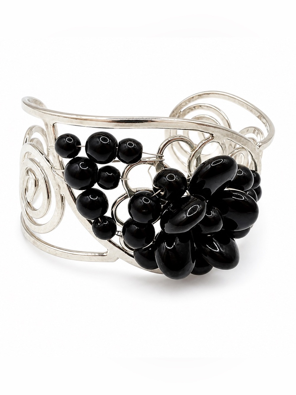 Silver-Tone Cuff Bracelet with Black Bead Cluster